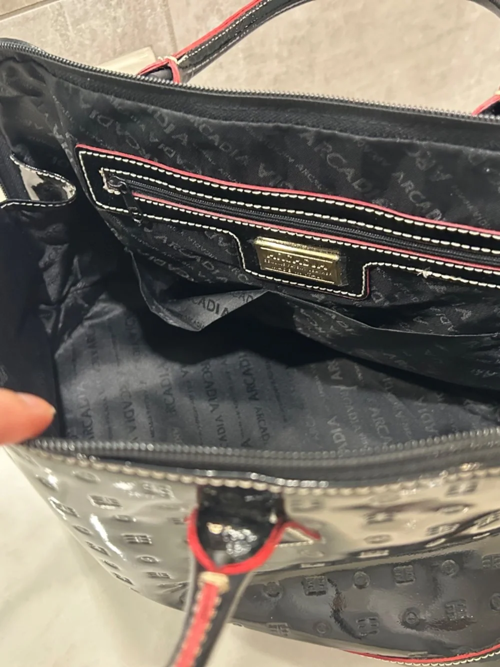Quiet luxury Arcadia Italy black embossed patent leather satchel bag